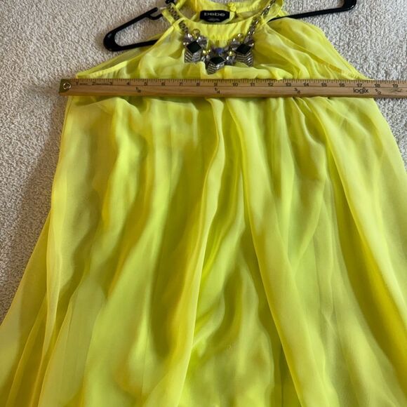 Bebe Dress Womens Sz 4 lime green High low gemstone neckline rhinestone Chiffon - Picture 9 of 14